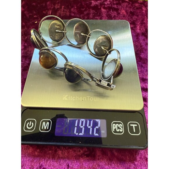 Vtg  Silver Bracelet  Regular, Black, Iron Tigers Eye Signed - Picture 3 of 12